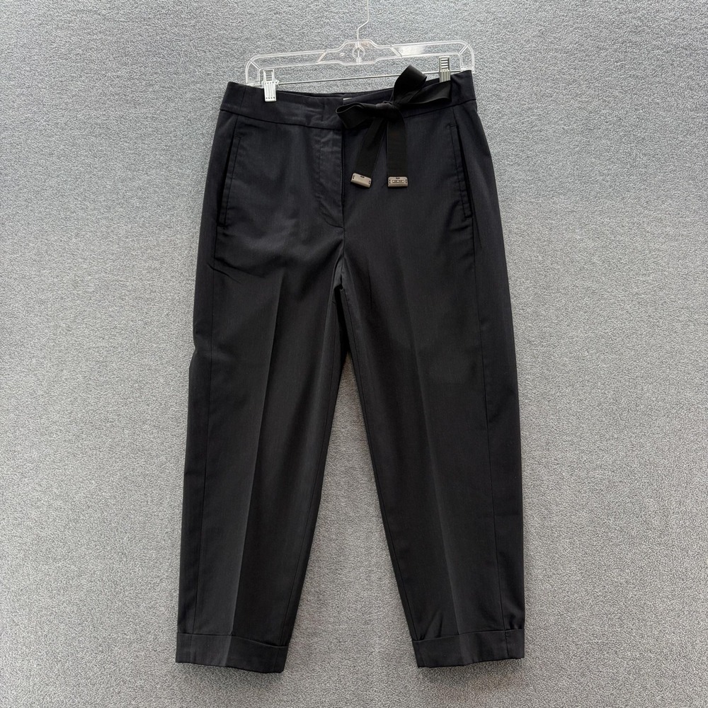 Peserico Pants Womens 42 Black Twill Cropped Ankle Relaxed Tapered Belted Italy